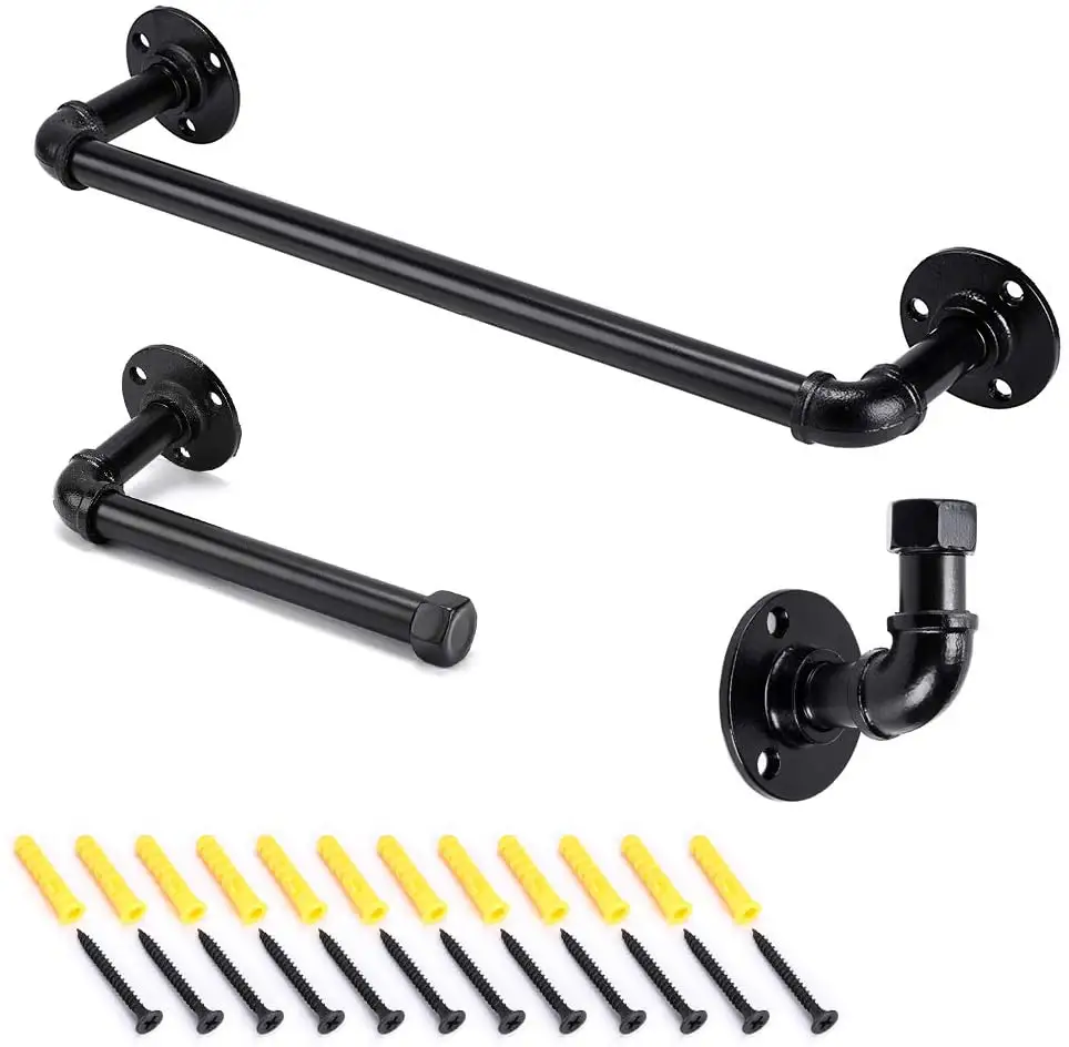 Electroplated Black Industrial Pipe Bathroom Hardware by Pipe Decor 3 Piece Kit Includes Robe Hook 18 Inch Towel Bar and Toilet