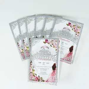 Cubierta de papel láser personalizable con purpurina plateada Quinceañera hecha a mano DIY tema Rosa tarjetas de invitación de papel