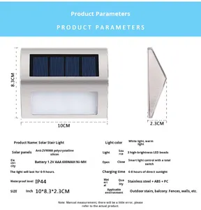 โคมไฟติดผนัง LED 3 ดวง รุ่นโซลาร์ สแตนเลสสตีล IP55 |   ระยะเวลาใช้งาน 6 ถึง 9 ชั่วโมง |   ไฟส่องขั้นบันไดและรั้วกลางแจ้งแบบไม่ใช้สาย |   วอร์ม/ไวท์ - Product Image 5