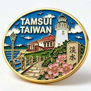 Tamsui Taiwan Souvenir Metal <b>Pin</b> Gold Plated Circular Hard Enamel Flower Theme Zinc Alloy Craft - Product Image 1