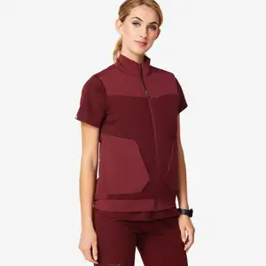 Borgogna Fashion Scrub Maglia Infermiera Ospedale Maglia di Lavoro Uniforme Multi Tasche Infermiera Uniforme Maglia