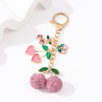 Porte-clés en émail motif cerise rose grande et jolie, avec strass, style industriel, breloque de sac pour cadeau d'amis