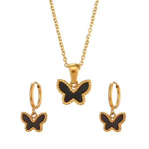 18 Karat PVD vergoldeter Modeschmuck Edelstahl Nicht getrübt Schwarz Emaille Schmetterling Halskette Ohrring Set für Frauen