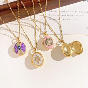 奢华闪亮 AAA 锆石珍珠镶嵌星花莫奈花园彩虹七彩珐琅椭圆形可打开照片吊坠项链 - Product Image 1