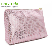 Trousse de Toilette en Similicuir PU Scintillant avec Fermeture Éclair, Pochette de Maquillage Rose Brillante pour Fille, Sac Cosmétique de Voyage