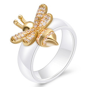 Bague en céramique abeille 6MM micro-pavée de zircon, design insecte, bijou fantaisie, cadeau - Product Image 1