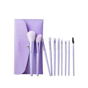 Hoge Kwaliteit 10 Pcs Purple Make-Up Borstel Set Cilinder Aangepaste Private Label Oem Make-Up Kwasten Kit Houten Handvat Voor Make-Up