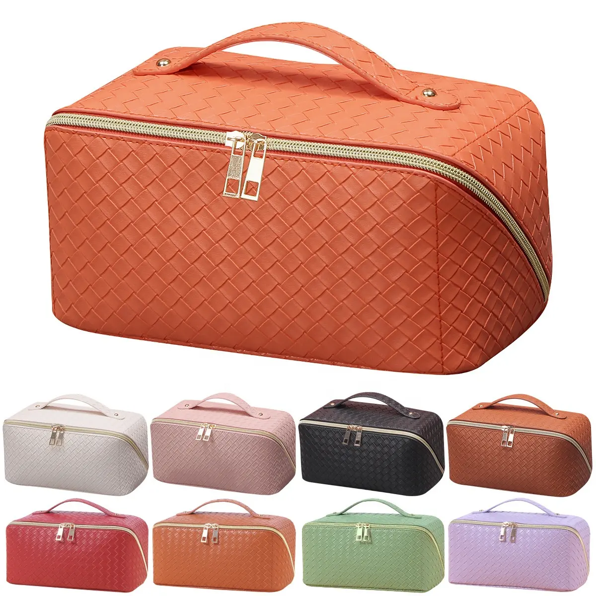 Large Capacity Weave Cosmetic Bag Makeup Organizer Bag with Compartment Waterproof PU Leather Travel Toiletry Bag for Women