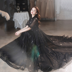 Black Evening Gown Women A-Line Chiffon Stand Neck Long Sleeve Elegant Formal Dress For Arts Exam Vocal Music Student Host - Product Image 2