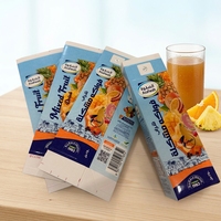 Boîte de présentation en carton ondulé recyclable, marque ECO, qualité alimentaire, finition brillante mate, motif fruits tropicaux, boissons énergisantes, jus