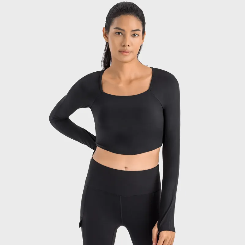 女性のための卸売メッシュステッチスポーツTシャツ取り外し可能なパッド付き長袖クロップトップ痩身フィットネスヨガウェア