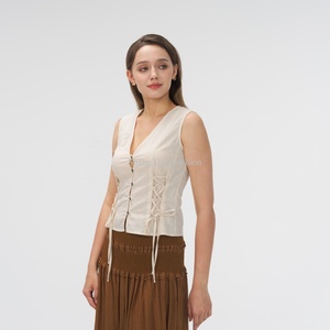 Nouvelle Collection 2025 – Tenues d'été : Haut court décontracté à col en V pour femme, chemise boutonnée en lin et coton de haute qualité - Product Image 2