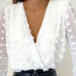 Mulheres Decote Em V Profundo Top Branco Jacquard de Malha Camisa de Manga Comprida Feminina Camisa Chique Sexy Polka Dot Blusas de Cores Sólidas