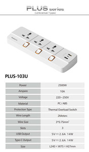 Multiprise de haute qualité série PLUS 10A EU/UK avec interrupteur de protection contre les surcharges, 3 prises et 3 ports USB à charge rapide, pour bureau - Product Image 6