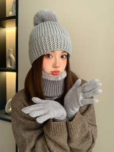 Ensemble de bonnets à pompons en tricot épais doux et chaud pour femmes, ensemble de gants, écharpe et <span class=keywords><strong>bonnet</strong></span> tricoté à l'intérieur, nouvel arrivage d'hiver - Product Image 5