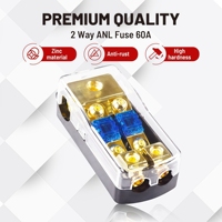 Porte-fusible Mini ANL 2 voies 60 Ampères, 0/2/4 Gauge en entrée, 4/8 Gauge en sortie, 12V Amplificateur audio stéréo HiFi Bloc de distribution d'alimentation