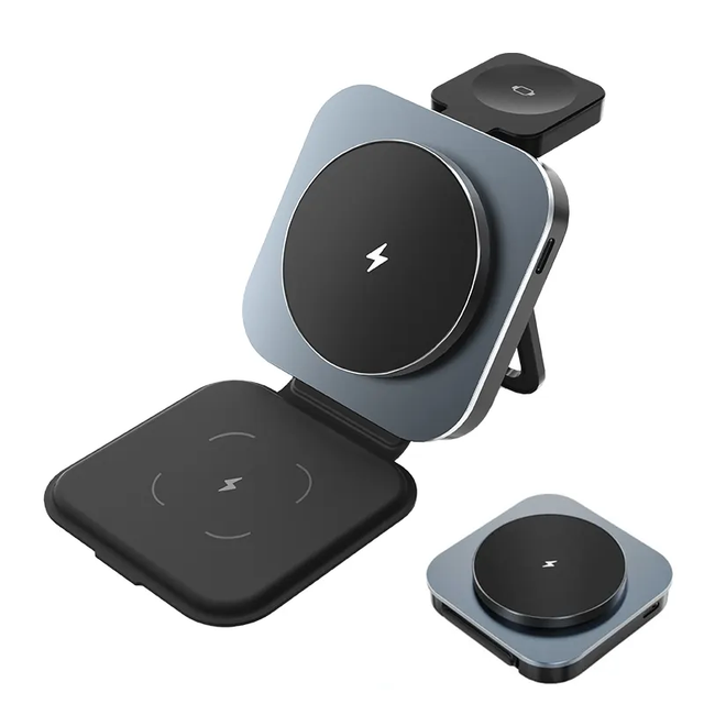 All-in-One Wireless Charging Station for Home Office Travel 3-in-1 15W Fast Charger Foldable Magnetic Stand
