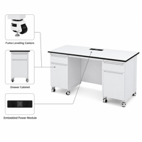 Banc de laboratoire mobile en acier et bois avec roulettes de nivellement Fuma, armoire à tiroirs et module d'alimentation intégré pour usage scolaire, hospitalier et en atelier