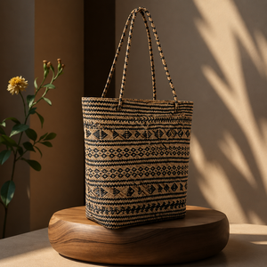 Eco-friendly <b>Straw</b> Tote <b>Bag</b> Geometric Woven Pattern Bohemian Style Open Top Shopping <b>Bag</b> All Seasons Use - Product Image 4