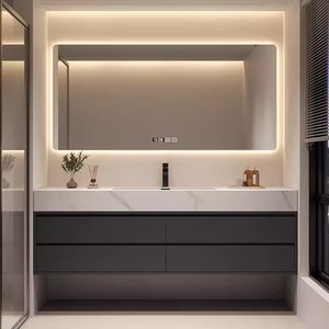 Customized seamless ceramic hot bending integrated basin rock slab intelligent mirror wall hanging <b>oak</b> bathroom cabinet - Product Image 1