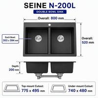 Évier de cuisine double vasque noir haute dureté, résistant à la chaleur, en granit composite