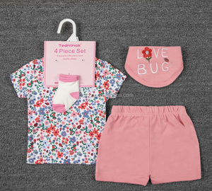 Nhà Máy Giá Mùa Hè Sơ Sinh Thiết Lập 4Pcs Bông Quần Áo Trẻ Em Bao Gồm T-Shirt Quần Short Vớ Yếm Bán Buôn Tùy Chỉnh Tùy Chọn Màu Sắc - Product Image 4