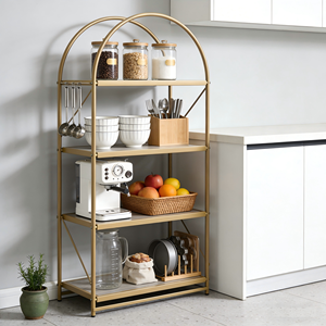 Bibliothèque à 4 niveaux avec cadre en métal doré Conception en forme d'arc Assemblage facile Étagères pliantes en bois de fer pour bibliothèque moderne pour le rangement de la salle de bain - Product Image 6