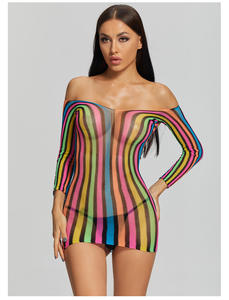 Robe courte à manches longues rayée arc-en-ciel colorée 2026, épaules dénudées, pour femmes rondes matures, lingerie sexy et chaude - Product Image 6