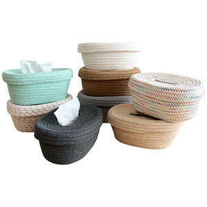Cesta de almacenamiento de cuerda de algodón de estilo japonés simple, caja de pañuelos ovalada multiusos, cubierta superior e inferior tejida ecológica - Product Image 5