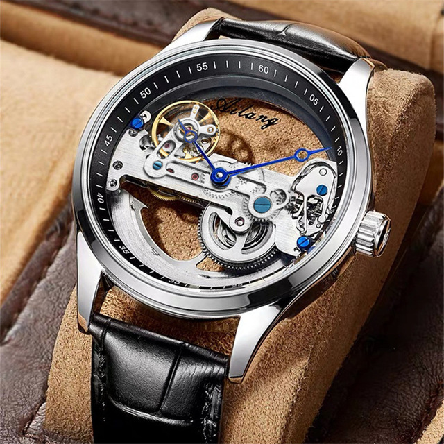 AILANG Brand Luxury Tourbillon Mechanical Watch Men Sports Leather Waterproof Skeleton Steampunk Fashion Hollow Stainless Watch