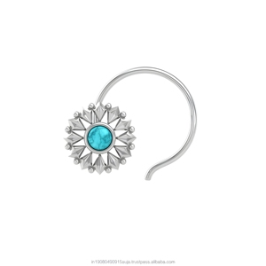 Indian Mores 925 Sterling Silver Flower Shape Turquoise Cup Setting Minimalist Piercing <b>Nose</b> <b>Pin</b> Stud for Women Girls Everyday - Product Image 1