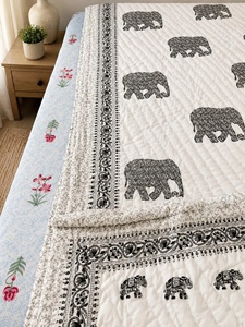 Hand Block Printed Cotton <b>Quilt</b> Reversible Jaipuri Razai Elephant Boho Bedspread Handmade Indian <b>Bedding</b> - Product Image 6