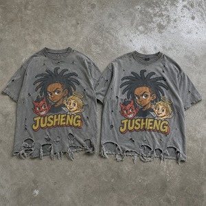 T-shirt Homme Oversize Délavé Effet Vieilli 240GSM Motif Dessin Animé Diable Ange Trou de Balle Dégâts Ourlet Brut Streetwear OEM - Product Image 1