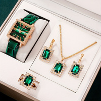 Set de Regalo de Reloj y Joyería de 5 Piezas, Collar, Aretes y Anillo con Cristales Azules y Corazón Dorado, Joyería al por Mayor para Mujer