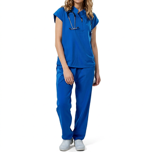Ensemble de blouses médicales bleues pour femmes, haut à col en V et pantalon, uniforme d'hôpital, tissu tissé en coton et polyester, coupe extensible - Product Image 1