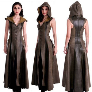 Ecoparty-Costume de cosplay médiéval et vintage à capuche pour <span class=keywords><strong>femme</strong></span>, costume de guerrier, sweat à capuche en <span class=keywords><strong>cuir</strong></span>, cape, gilets sans manches - Product Image 3