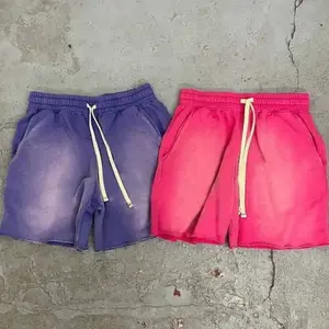 Özel ağır pamuklu pantolonlar ham Hem düz yün Streetwear şort yırtık spor İpli kargo Joggers asit yıkama şort