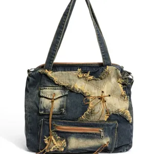 Vintage Y2K Large Capacity Distressed Denim Lady Shoulder Bag Street Hip Hop Fashion Purse Travel Bucket Handbag