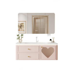 Modern MDF Pink Bathroom Vanity Combo with Ceramic Basin Wall-Mounted LED Mirror Customizable for Apartment & Hospital Use - Product Image 5