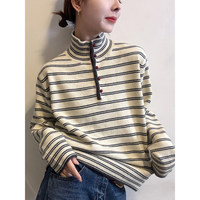 Pull décontracté pour femme en cachemire rayé, col roulé, demi-boutonné, personnalisé, style mode hiver
