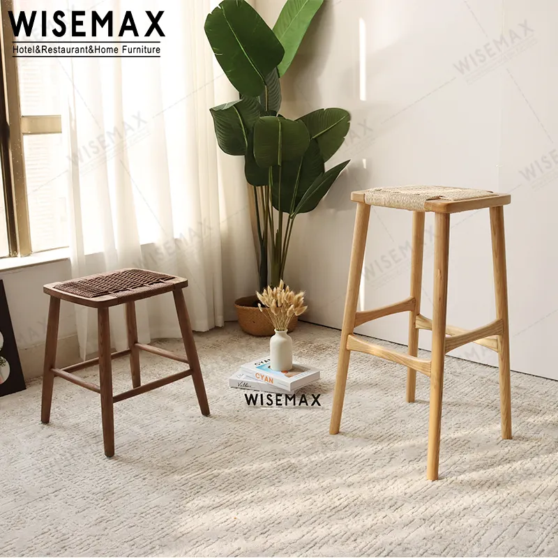 WISEMAX MÖBEL Heißer Verkauf kleiner Naturholz hocker Holz Vintage Rattan Webart Fuß hocker Stuhl Holz hocker für Wohnzimmer