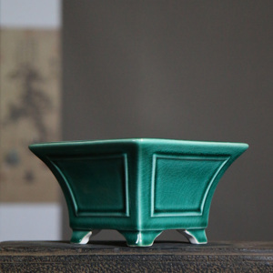Pot à Bonsaï en Céramique Carré Rectangulaire, Glaçure Verte, Style Chinois Classique - Product Image 4
