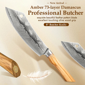 Couteau <span class=keywords><strong>ambre</strong></span> 73 couches en acier damas AUS10 pro couteau de cuisine en acier damas véritable hache Couteau de chef avec manche en bois d'olivier - Product Image 2