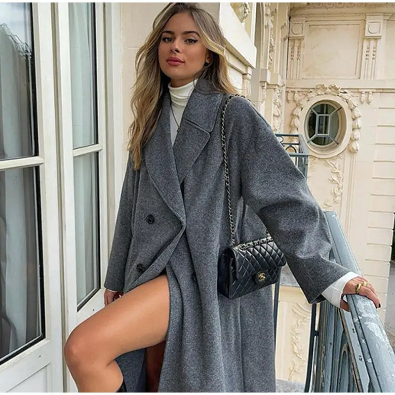 2023 sonbahar kış katı kadın Streetwear mont rahat çift göğüslü ofis bayanlar uzun ceket yaka kadın düz palto