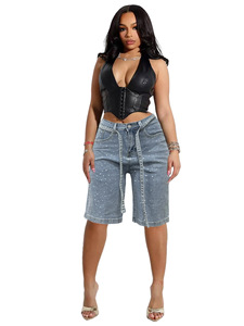 Think 2025 <strong>Women</strong> High Breathable Knitted Rhinestones Straight <strong>Knee</strong> <strong>Length</strong> <strong>Cargo</strong> Pants Summer Belt Pocket Street Casual <strong>Shorts</strong> - Product Image 4