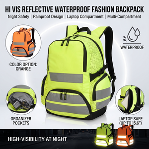 Hi Vis Reflective Waterproof Fashion <b>Backpack</b> with Zipper Closure and Reflective Straps - Product Image 1