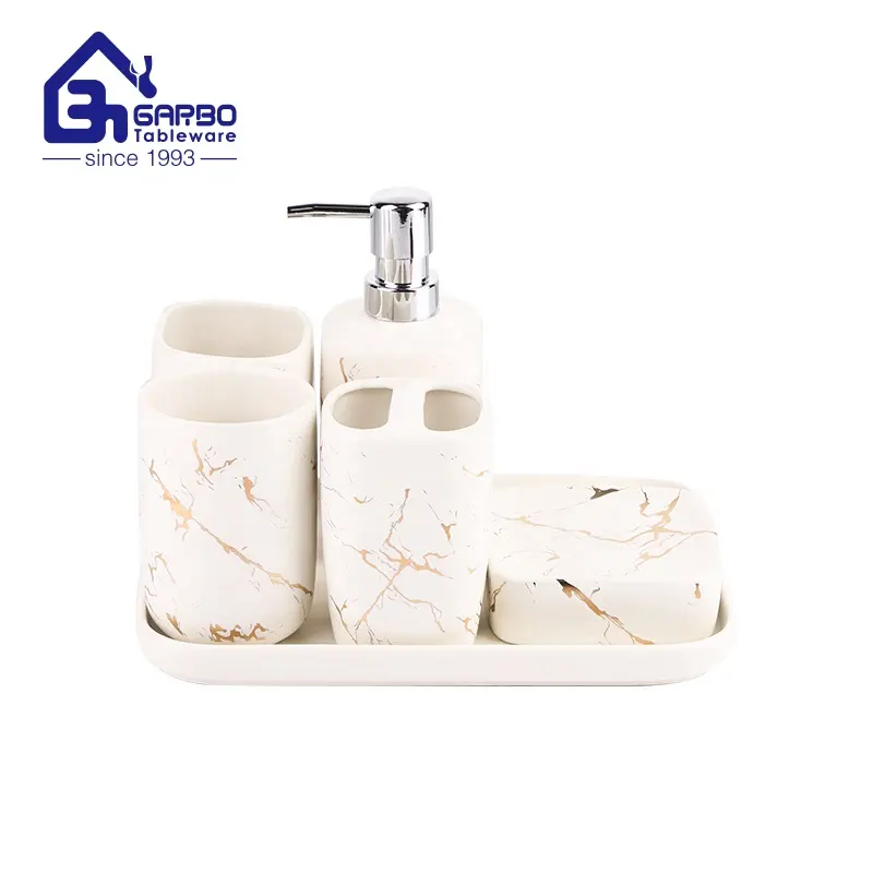 Set di accessori per il bagno in ceramica marmorizzata bianca antica da 6 pezzi per la casa con vassoio Dispenser di sapone liquido in porcellana, bicchiere, portasapone