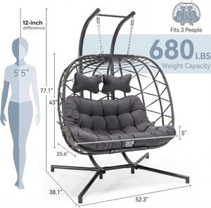 Fauteuil <span class=keywords><strong>suspendu</strong></span> <span class=keywords><strong>double</strong></span> avec support, hamac <span class=keywords><strong>suspendu</strong></span> surdimensionné pour 2 personnes, intérieur/extérieur, avec coussin - Product Image 2