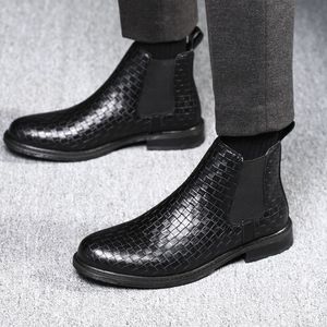 Men Woven Plaid High Top Chelsea Leather Boots Elastic Stretch Slip On Ankle <b>Booties</b> For Autumn Winter - Product Image 2