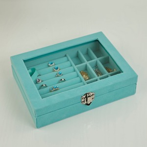 Boîte à bijoux en velours carrée moderne à couche unique en gros, fermeture à boucle, étui de rangement en verre pour colliers, bagues, boucles d'oreilles - Product Image 2